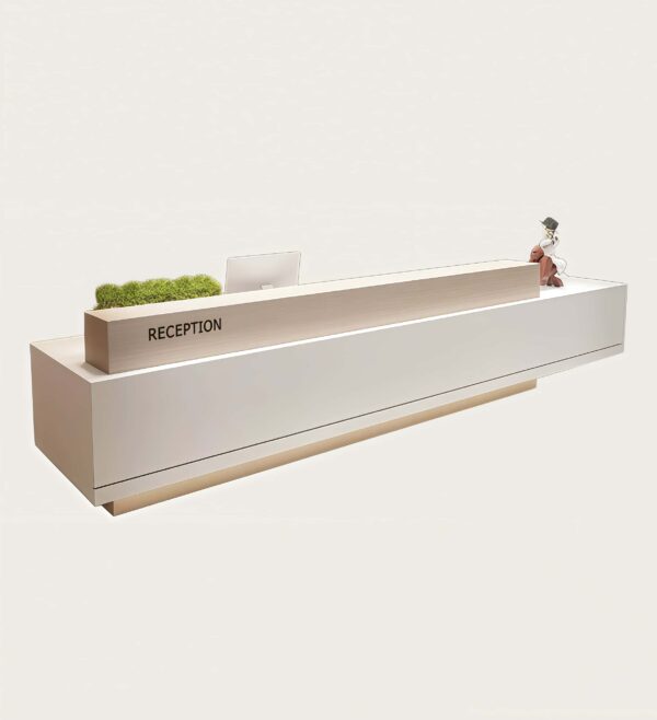 reception desk (3) Isolated product shot of custom white reception counter with wood grain partition and plant shelf for commercial fitout project