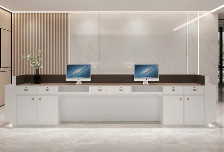 Back side view of reception desk, white lockable storage cabinet with drawers and open compartments for office storage
