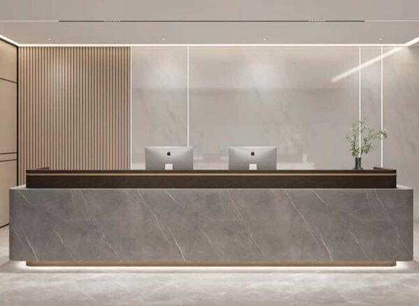 Front view luxury office reception counter, stone veneer facade and wood grain desktop, built-in base ambient light for hotel front desk