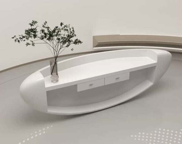 reception desk (5) Isolated view sculptural organic curved white fiberglass reception desk, smooth glossy finish with plant vase on countertop