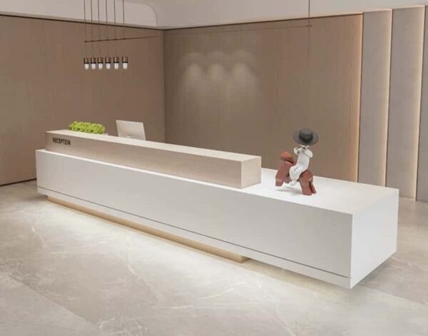 reception desk (6) Full front view of matte white modern reception counter with wood grain top barrier and hidden warm LED base lighting