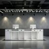 White storage cabinet version of dance studio reception desk with drawers and lockable cabinets