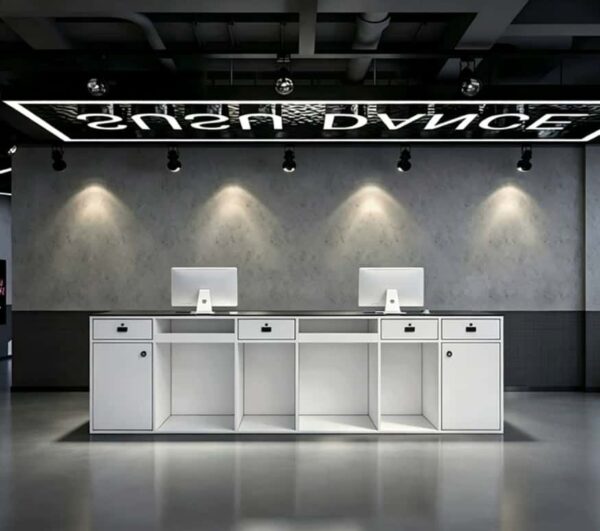 White storage cabinet version of dance studio reception desk with drawers and lockable cabinets