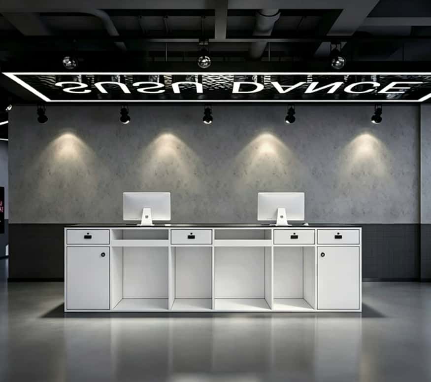 White storage cabinet version of dance studio reception desk with drawers and lockable cabinets
